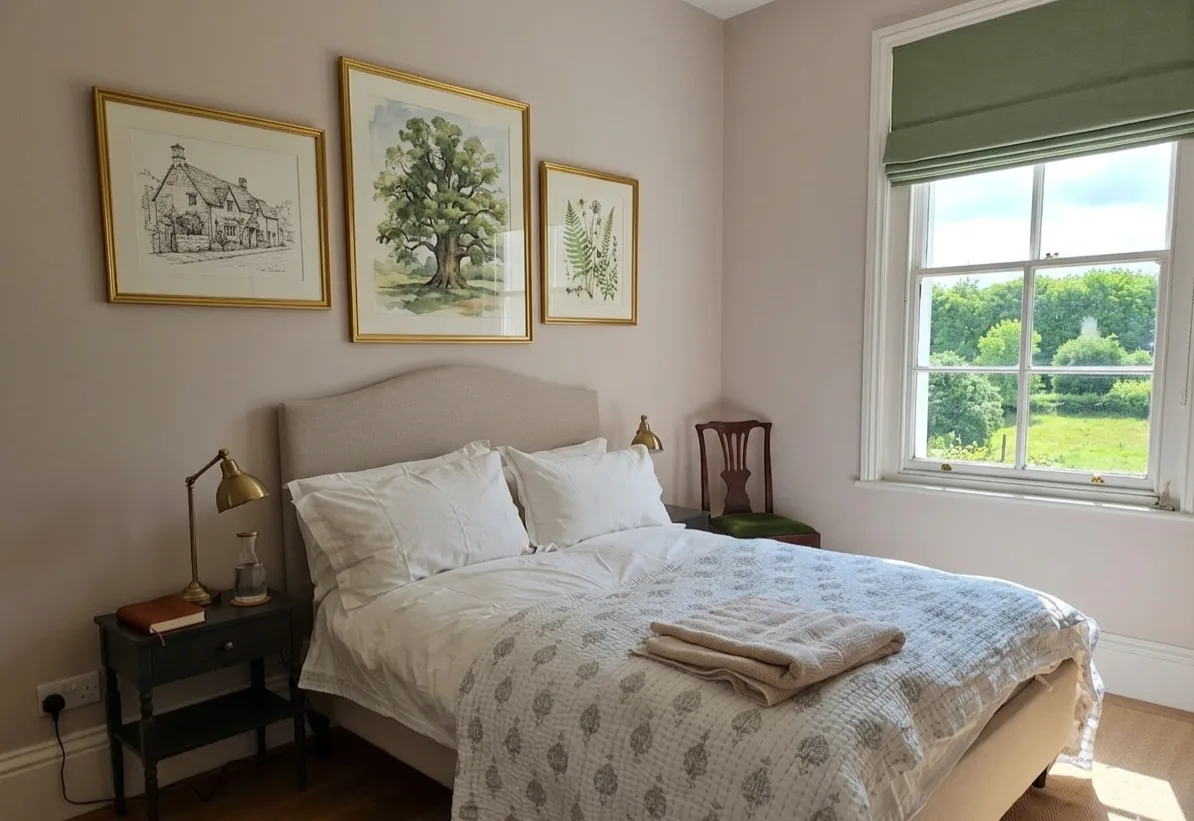 Blush pink bedroom with gallery wall art and countryside view