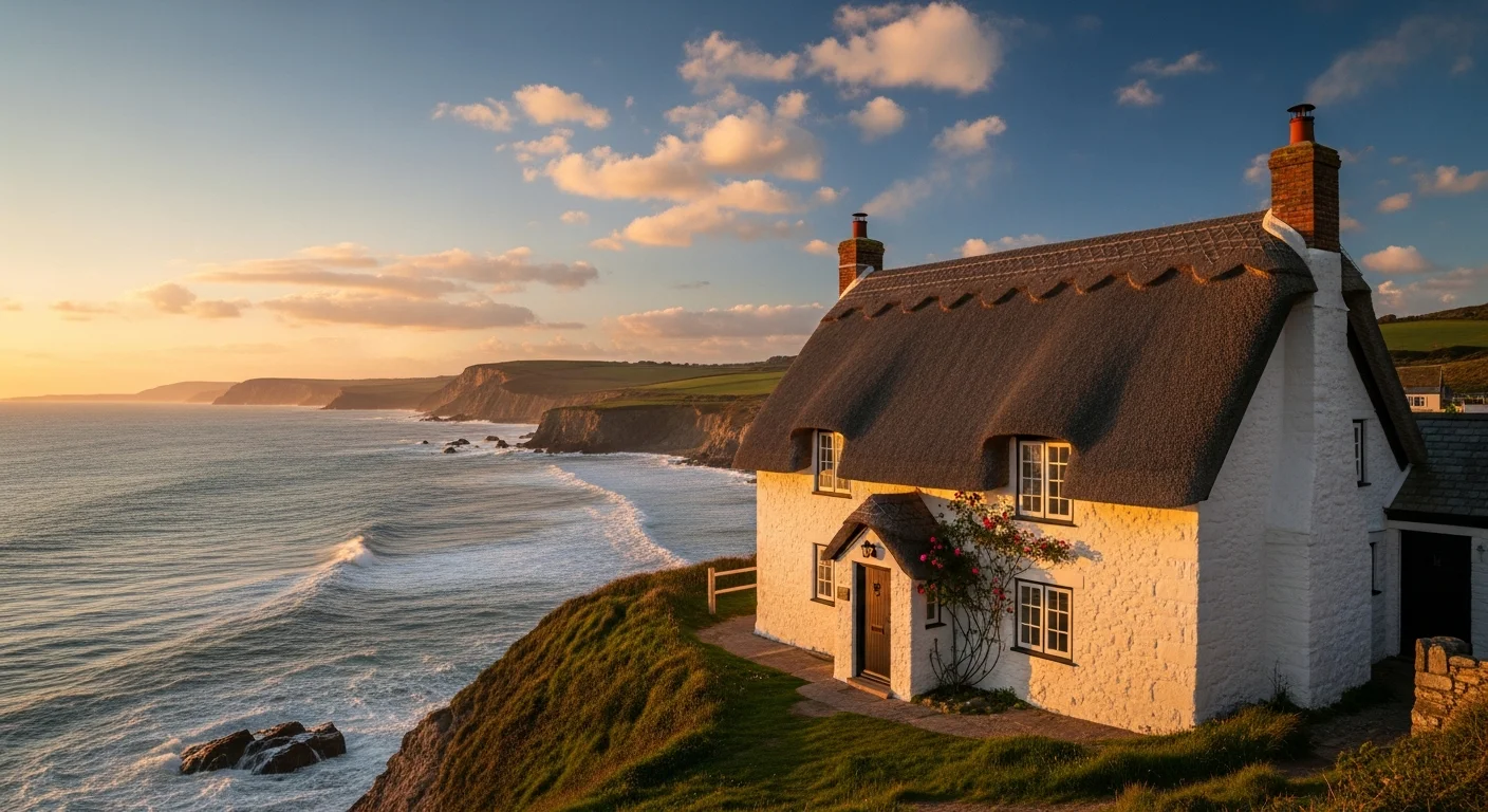 White coastal cottage overlooking the sea at dusk